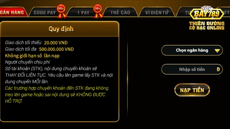 Chương trình khuyến mãi khi nạp tiền tại bay789